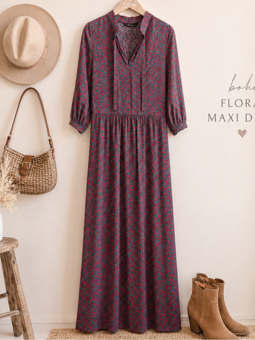 Raslov Romantic Cottagecore Floral Maxi Dress Red & Green Size M Cotton